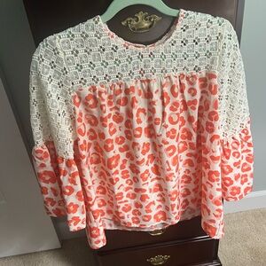 Elegant Lace and Leopard Print Blouse - Cream and Orange